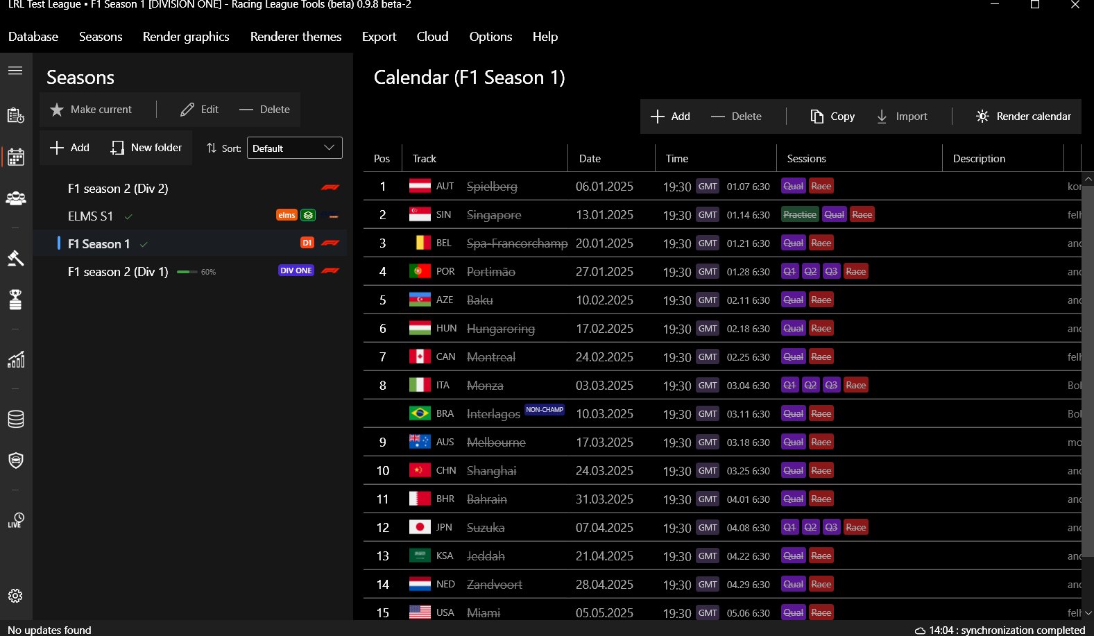 Calendar in Racing League Tools