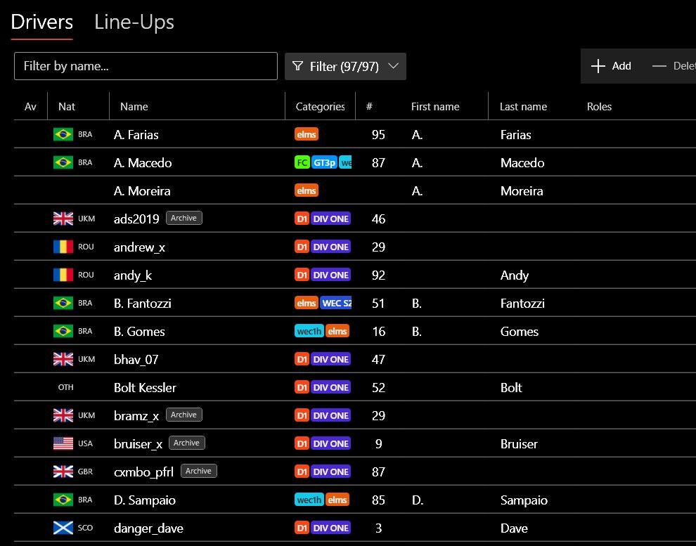 Drivers in Racing League Tools