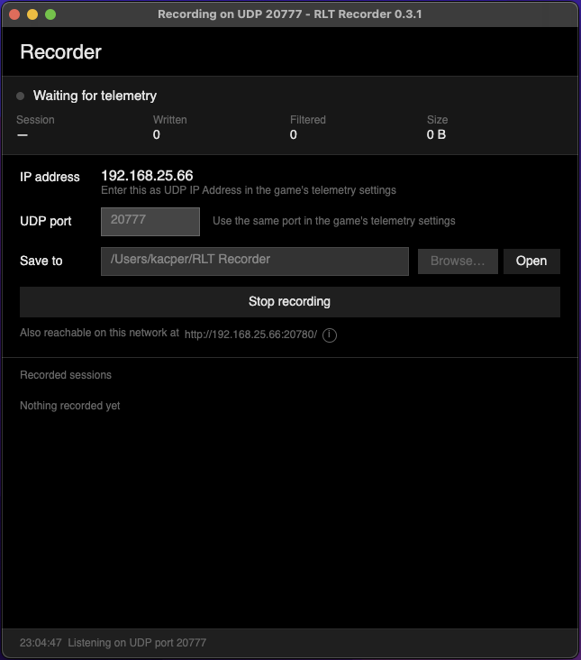 RLT Recorder window with recorded sessions